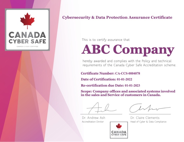 Canada Cyber safe Accreditation Certificate