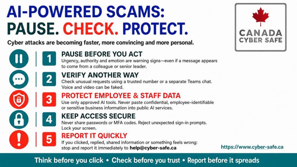 AI-powered scams staff awareness poster: pause, check, protect