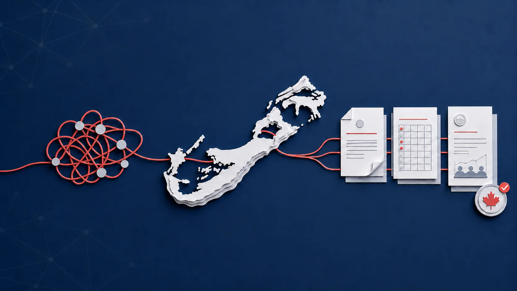 A tangle of red cable resolving into ordered documents as it passes through Bermuda, ending at a Canadian seal